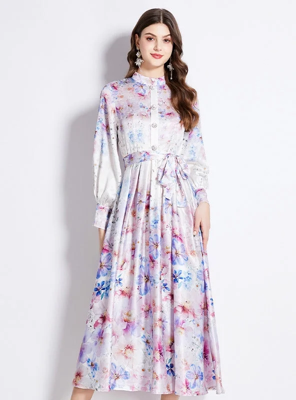 Price Fest Satin Vintage Lantern Sleeve Printed Dress