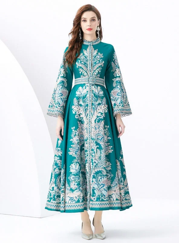 Instant Discount Palace Trumpet Sleeve Printed Long Dress