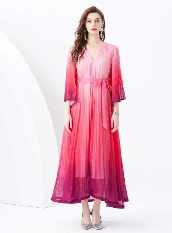 Buy More, Save More V-neck Flared Sleeve Long Gradient Print Dress
