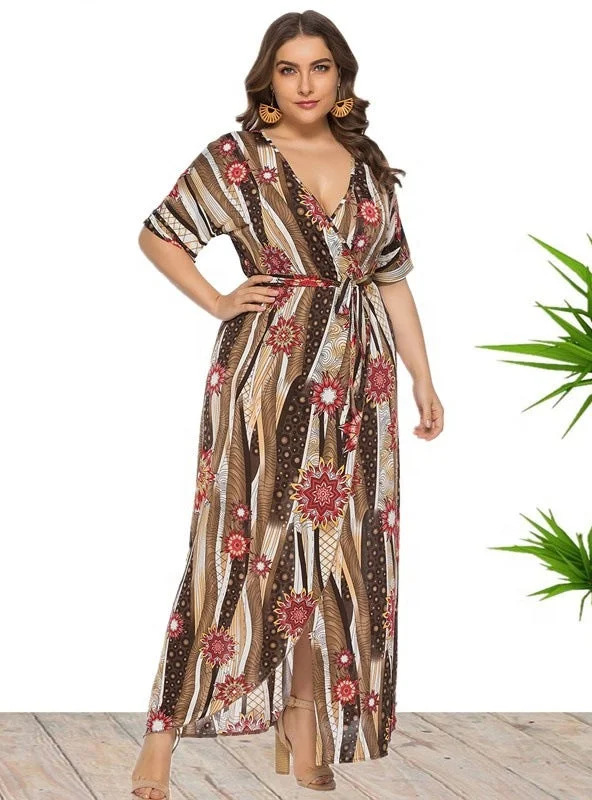 Super Deal V-neck Printed Split Beach Holiday Dress