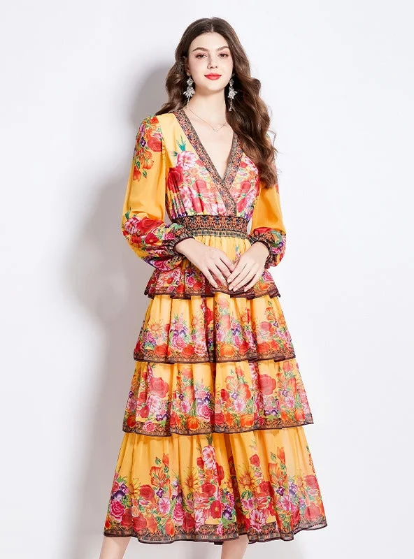 Special Discount Vintage V-neck Ruffled Cake Dress