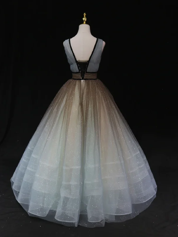 Discount Days Glitter A-Line V Neck Tulle Long Prom Dress Tulle Long Formal Party Dress