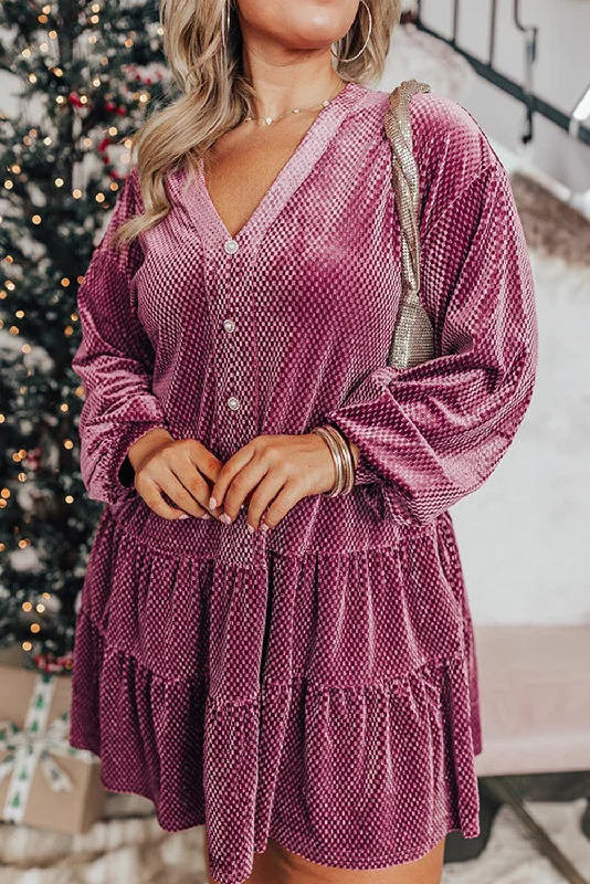 Sale Event Meadow Mauve Plus Size Textured Velvet Tiered Buttons Tiered Dress