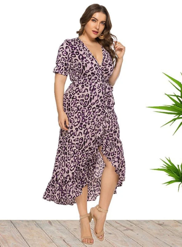 Deal Explosion Large Size V-neck Ruffled Irregular Leopard Print Dress