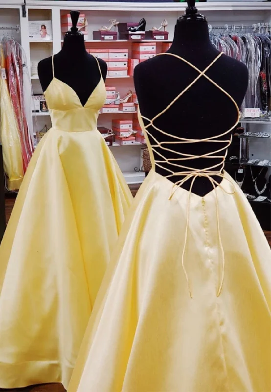 Unbeatable Prices Yellow Satin Long Prom Dresses,Simple A-Line Elegant Dress Classy