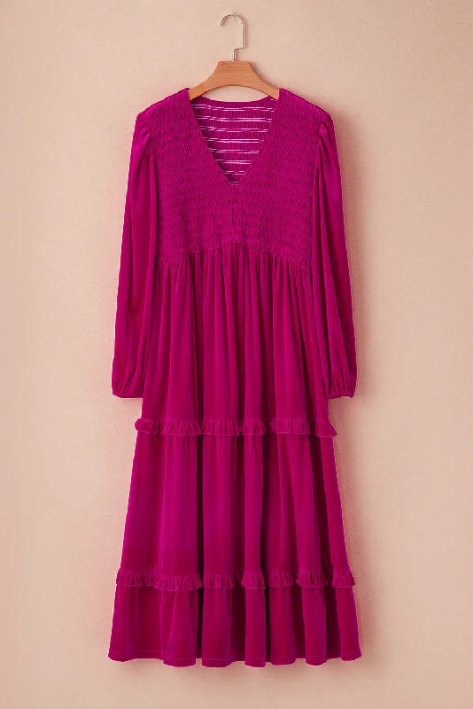 Online Specials Rose Red Shirred V Neck Tiered Ruffled Velvet Plus Size Maxi Dress
