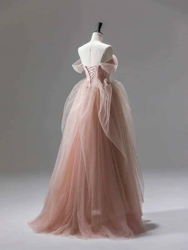 Steals and Deals Pink A-Line Tulle Long Prom Dress Evening Gown