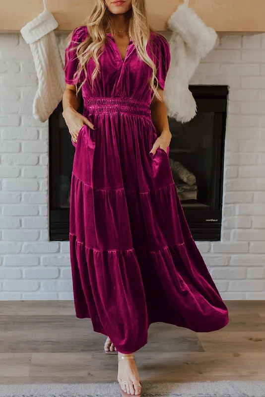 Act Fast Red Dahlia Velvet Short Sleeve Shirred Waist Tiered Maxi Dress