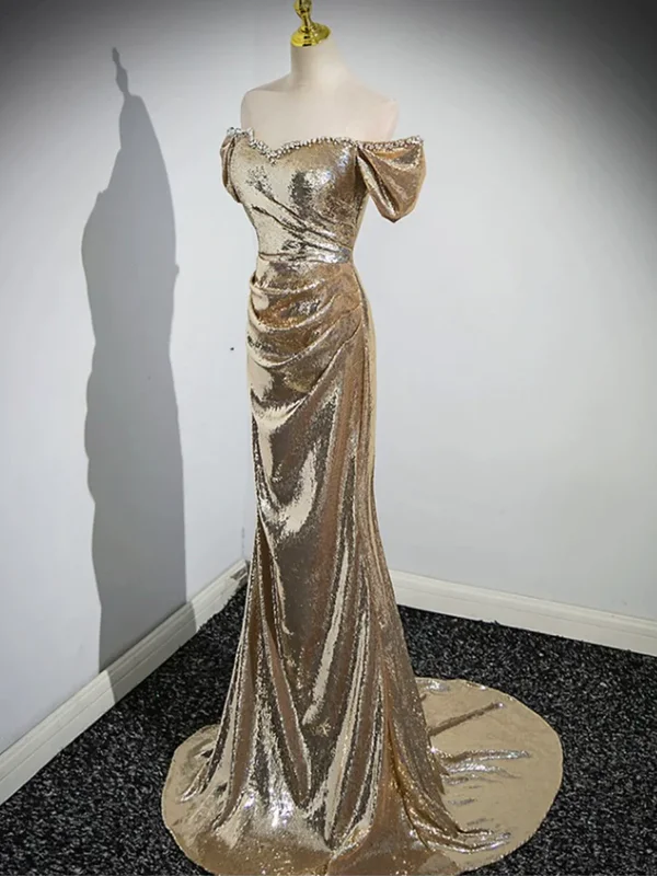 Super Sale Gold Sequins Off Shoulder Mermaid Long Prom Dress Evening Party Dress