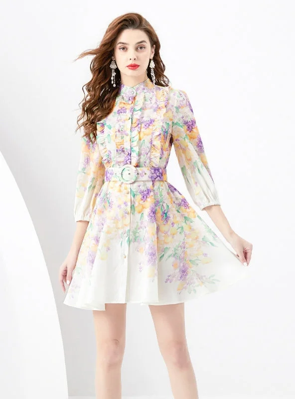 Bargain Bin Retro Long Sleeve Short Mini Print Dress