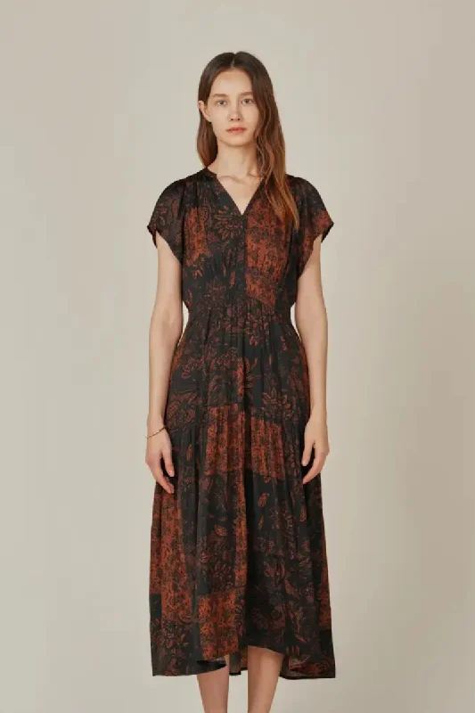 Best Deals Patchwork Printed Ruffle Satin Midi Dress