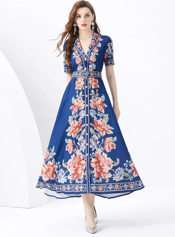 Overstock Sale Short-sleeved Plant Print Long Dress