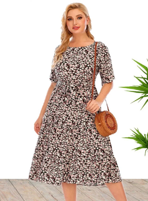 Super Deal Plus Size Floral Short Sleeve Beach Dress