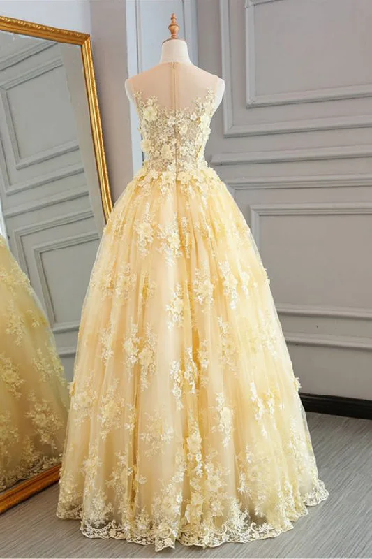 Stock Clearance Yellow Sheer Neck Tulle Lace Floral Floor Length Prom Dresses