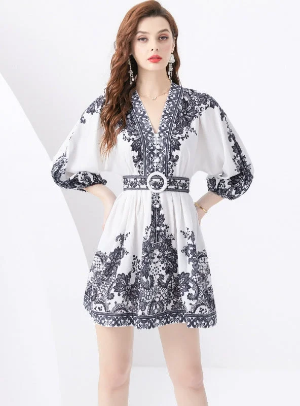 Epic Deals Stand-up Collar Lantern Sleeve Printed Short Mini Dress