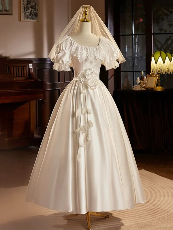 Midnight Madness White Satin Short Sleeves Tea Length Lace Retro A-Line Prom Dress