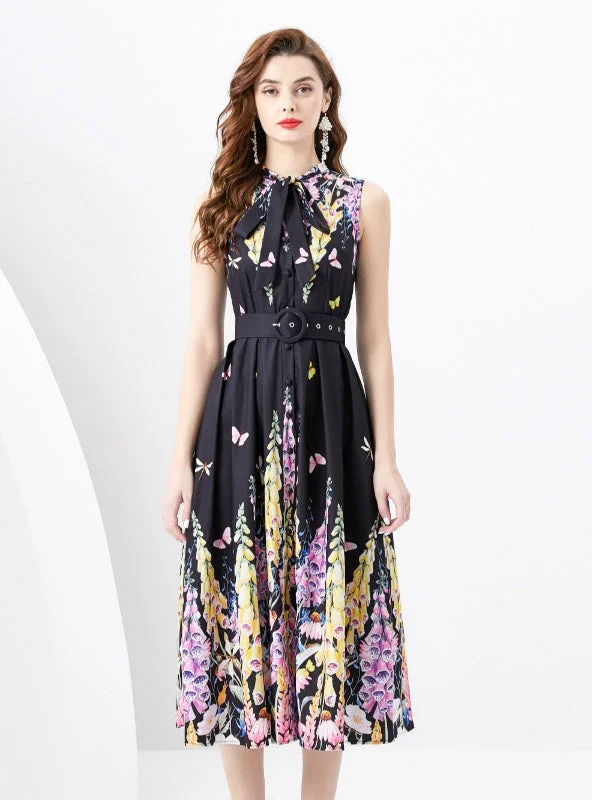 Deep Discounts Ribbon Sleeveless Retro Print Dress