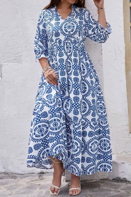 Sale Event Sky Blue Geometric Print Lace-up Notch Neck Plus Size Maxi Dress