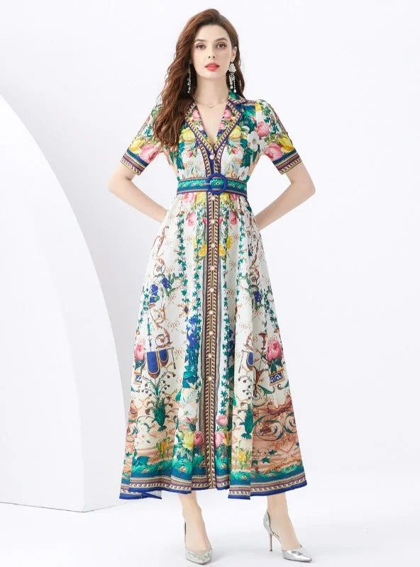 Deal Alert Holiday Short Sleeve Printed Long Dress