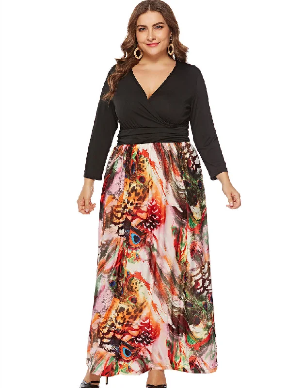 Mega Sale V-neck Long Sleeve Printed Stitching Dress