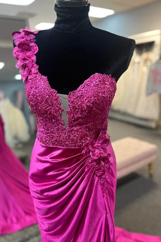 Closeout Sale Fuchsia One Shoulder Ruched Mermaid Long Prom Dress with 3D Flowers