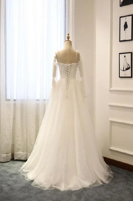 Act Fast White A-Line Straps Long Sleeves Tulle Long Wedding Dresses