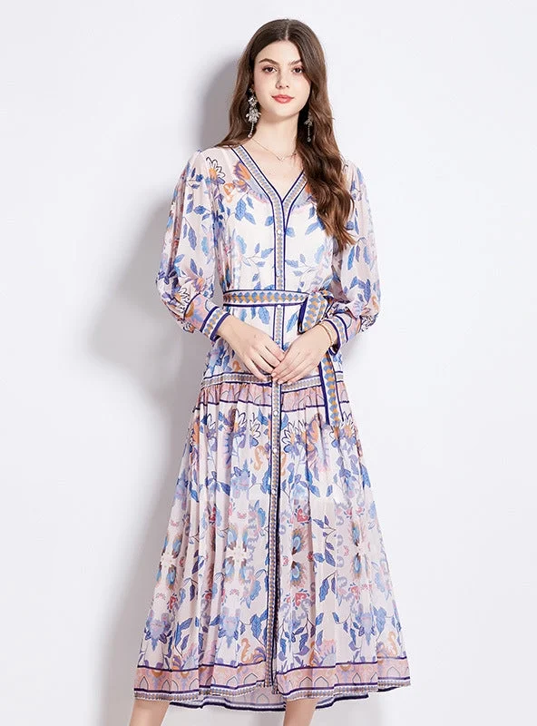 Discount Extravaganza Chiffon V-neck Lantern Sleeve Printed Dress