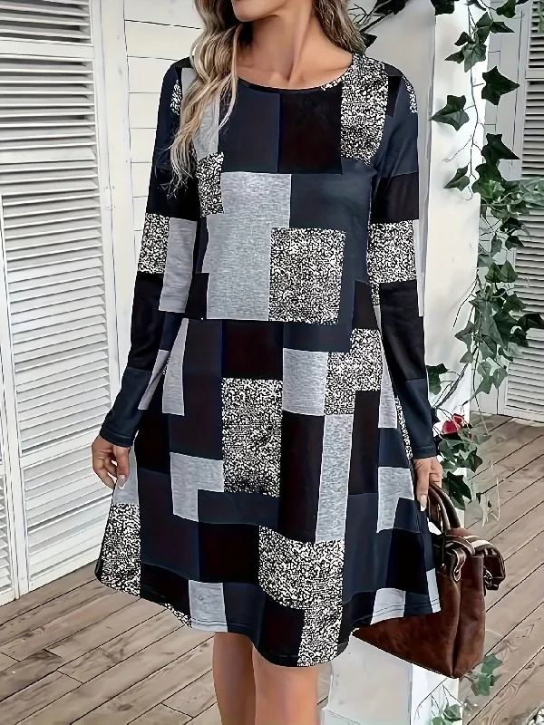Today’s Deal Women's Casual Crew Neck Long Sleeve Geometric Print Dress