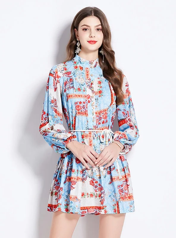 Super Sale Printed Long-sleeved Retro Short Dress