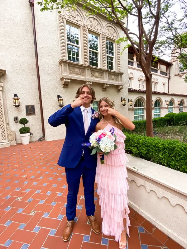 Great Deals A-line Pink Tulle Tiered Long Prom Dress , Unique Prom Dress
