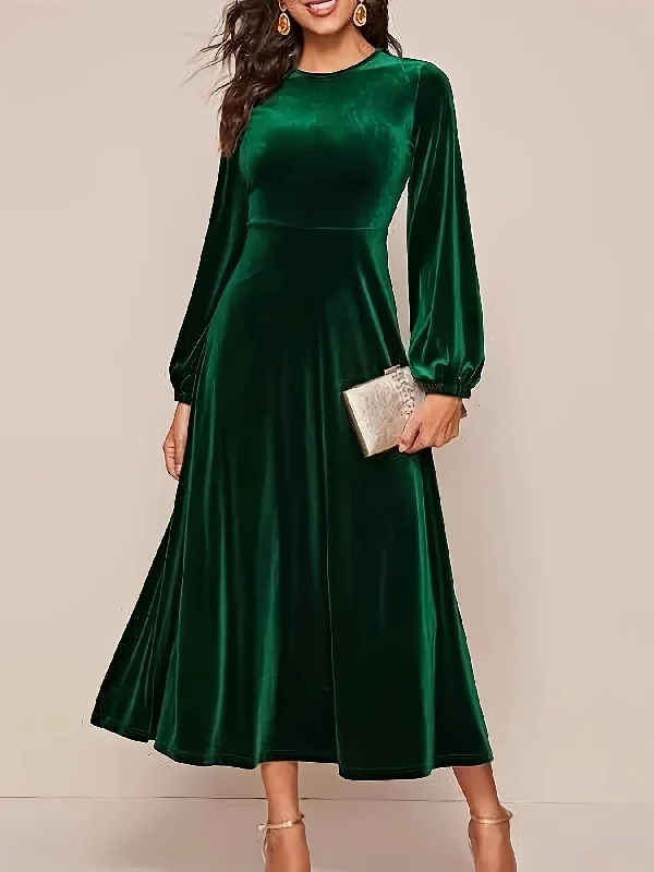 Quick Sale Women'S Velvet Maxi Dress, Autumn New Arrival, A-Line Bell Sleeve, Round Neck