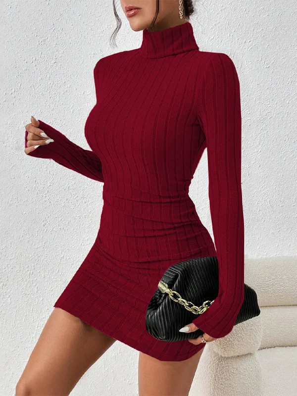 Exclusive Offers Stylish Ribbed Bodycon Turtleneck Dress - Elegant Long Sleeve Solid Design