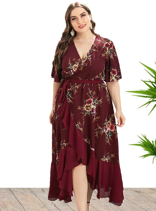 Special Price V-neck Ruffled Irregular Printed Dress
