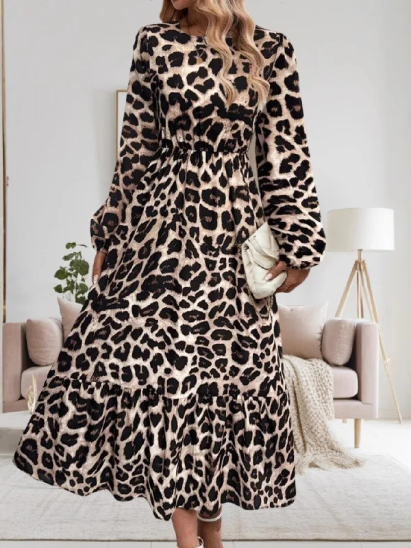 Closeout Leopard Print Crew Neck Long Sleeve Midi Dress Vacation Style A-Line