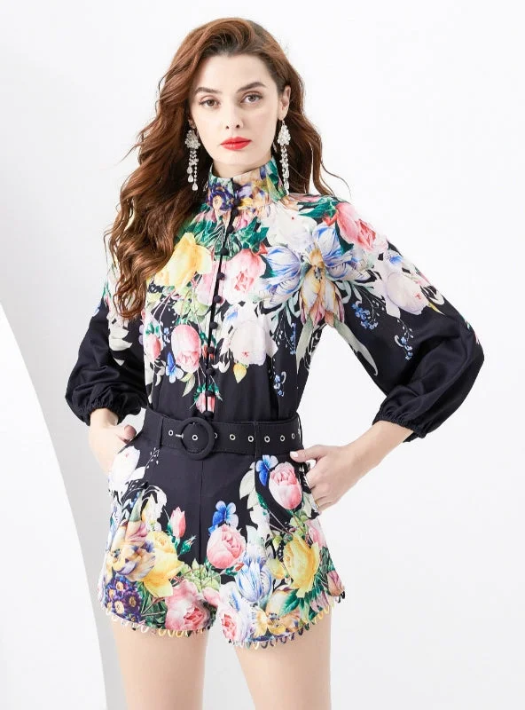 Bonus Savings Retro Wooden Ear Lantern Sleeve Shirt+Shorts Suit