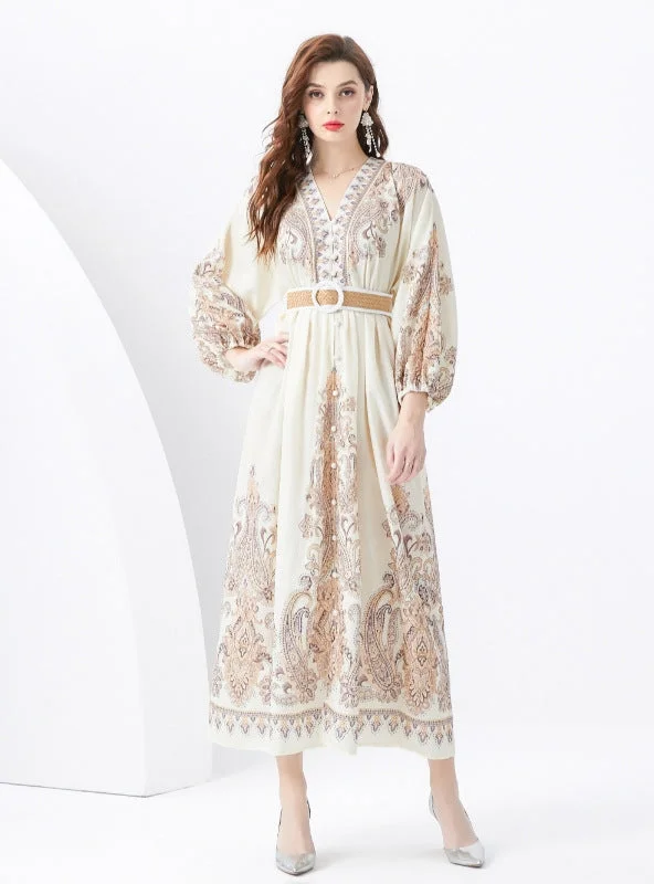 Lowest Price Palace V-neck Lantern Sleeve Printed Long Dress