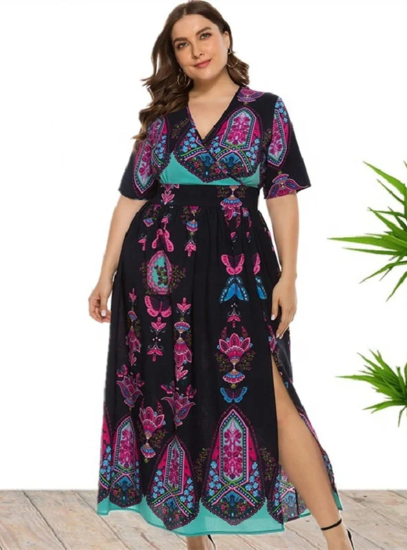 Super Sale Bohemian Printed Short Sleeve Long Dress