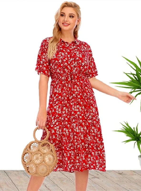 Major Savings Large Size Short Sleeve Shirt Collar Printed Dress