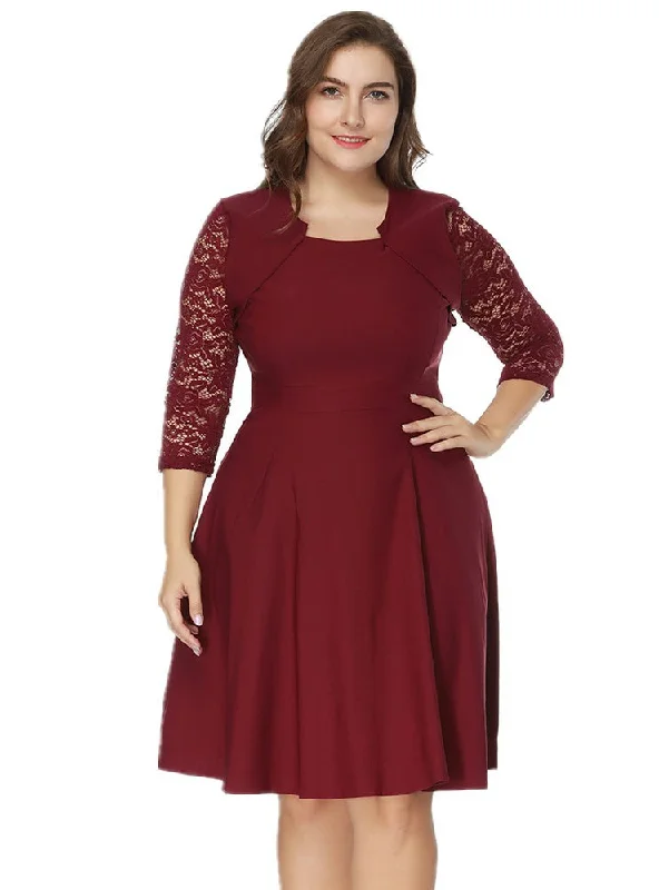 Price Break Plus Long Sleeve Lace Stitching Dress