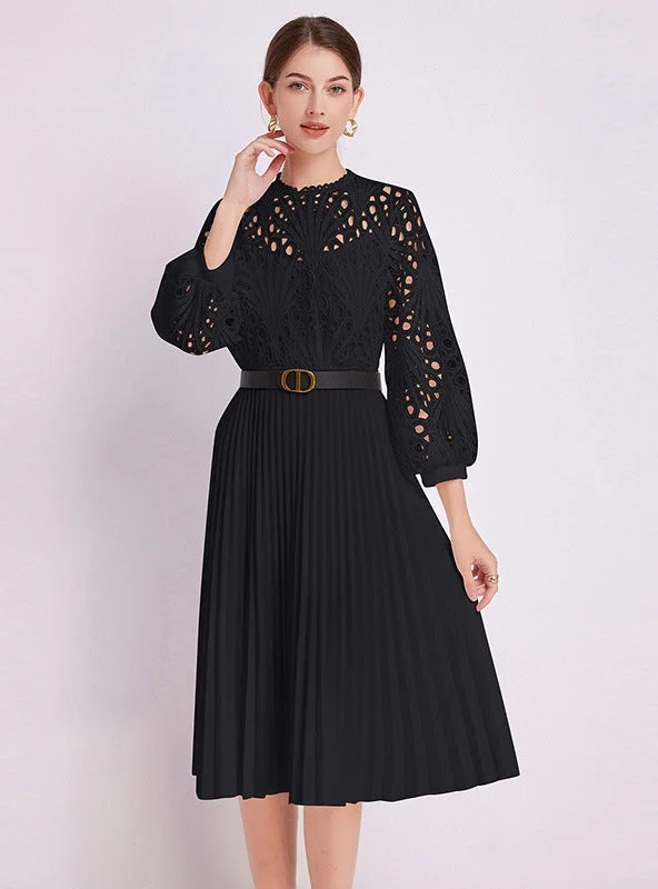 Quick Sale Lace Crocheted Openwork Pleated Dress with Belt