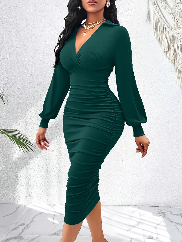 Final Markdown Elegant Side Ruched Long Sleeve Solid Color V-Neck Midi Dress