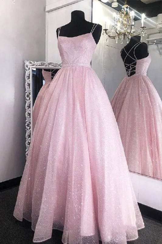 Weekend Deal Shiny Light Pink Long Prom Dress,Back Open Formal Party Gown